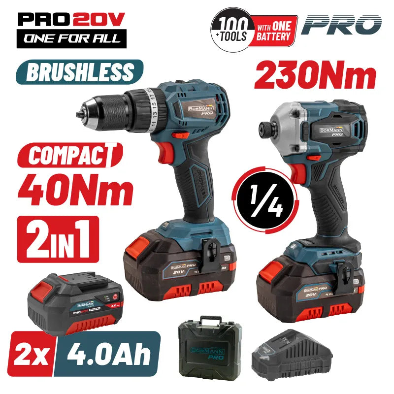BORMANN Pro BBP5003 Σετ Δραπ/βιδο Κρουστικό Compact Brushless 20V &amp; Παλμικό Κατσαβίδι &amp; x2 Μπαταρίες