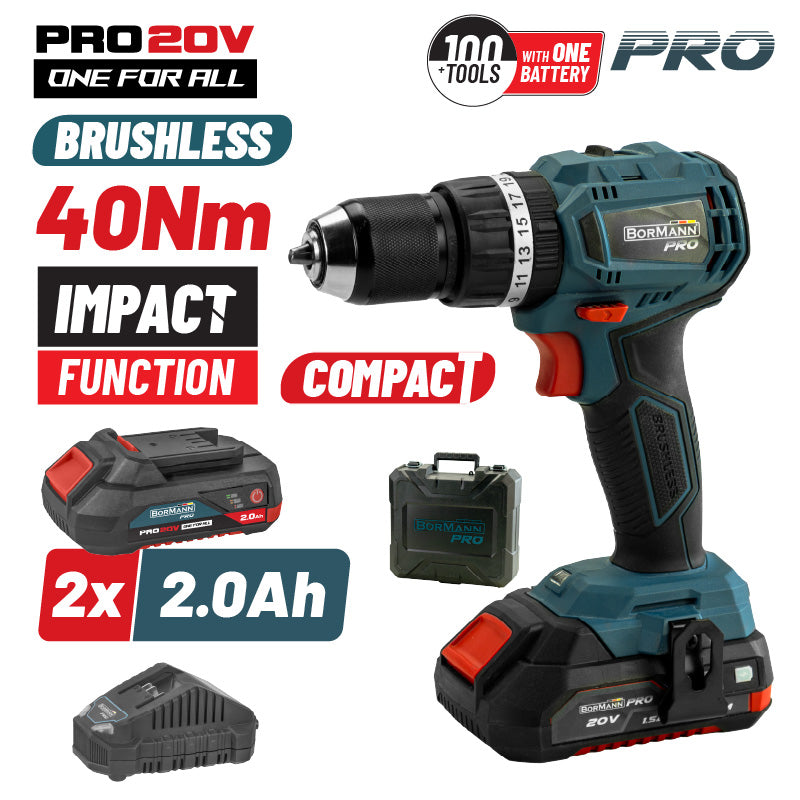 BORMANN Pro BBP5144 Σετ Δραπανοκατσάβιδο Compact,Brushless μπαταρίας 20V,Li-Ion,2 Ταχύτητες,2x2Ah