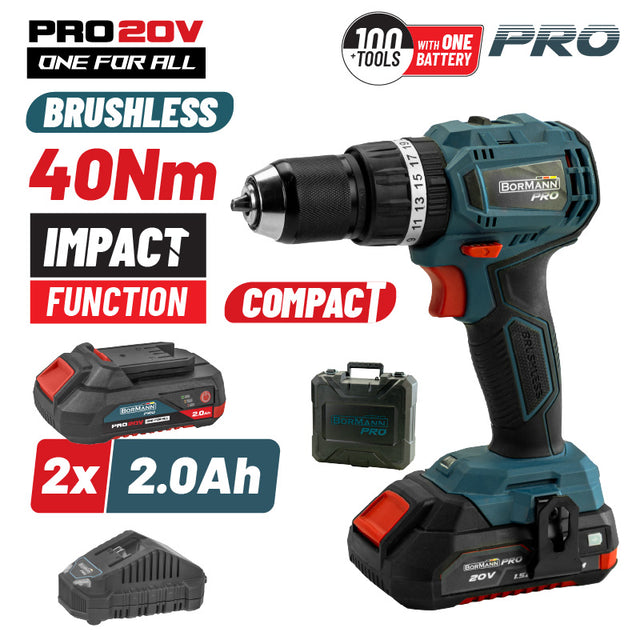 BORMANN Pro BBP5144 Σετ Δραπανοκατσάβιδο Compact,Brushless μπαταρίας 20V,Li-Ion,2 Ταχύτητες,2x2Ah