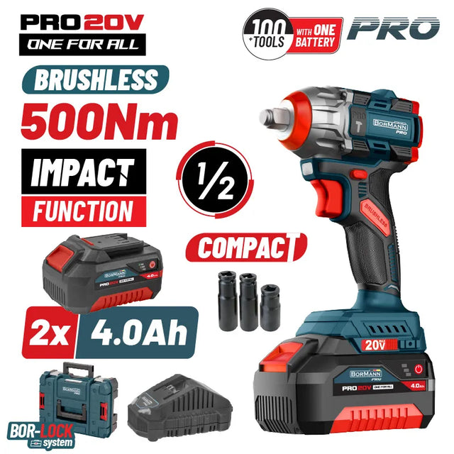 BORMANN Pro BBP5422X44CA Μπουλονόκλειδο Compact Brushless Μπαταρίας 20V Li-Ion,500Nm,2x4Αh,Βαλίτσα