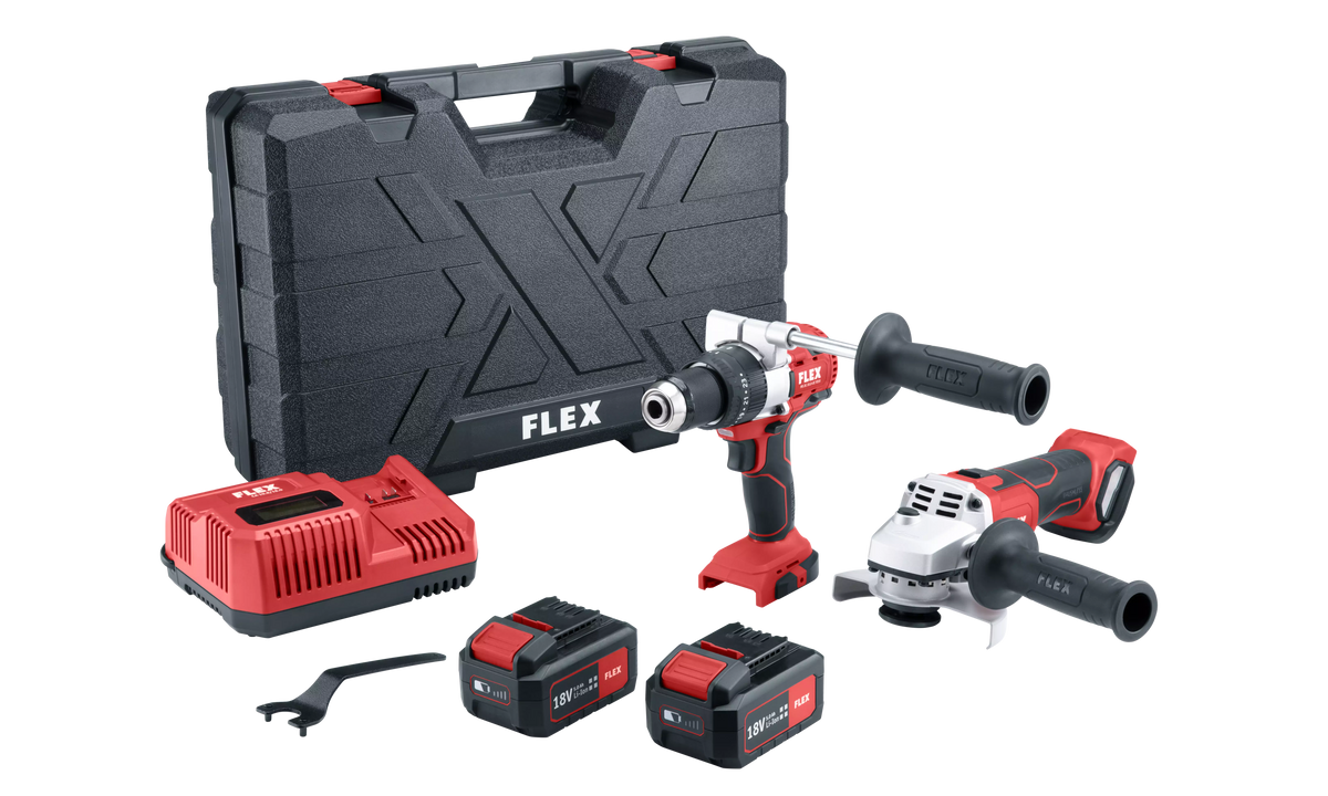 FLEX 18V Σετ κρουστικό δραπανοκατσάβιδο PD-2G-18.0-ECFS55 + γωνιακός τροχός L125-18-EC +(2x5,0Ah)+ταχυφορτιστής +βαλίτσα