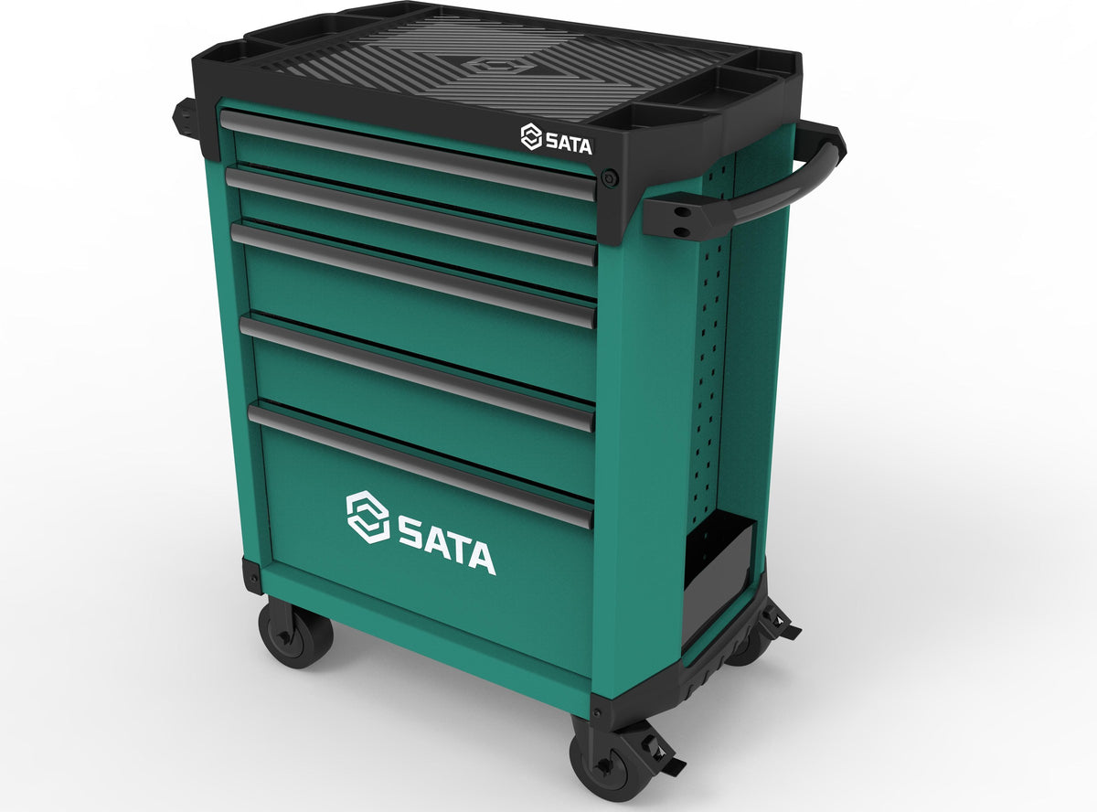 Πράσινος εργαλειοφόρος SATA ST95112G με 5 συρτάρια, γωνιακή όψη με επιφάνεια εργασίας, πλευρικό πάνελ και τροχούς