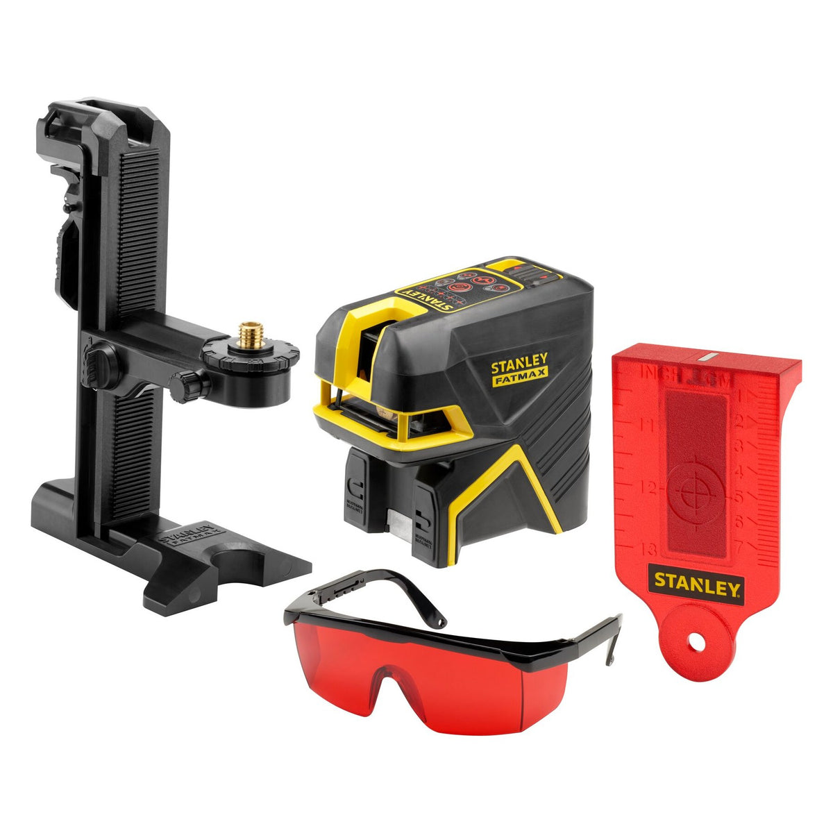 Αλφάδι laser Stanley FatMax με βάση στήριξης, κόκκινη κάρτα στόχου και γυαλιά με κόκκινους φακούς
