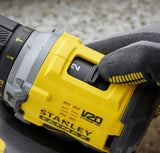 Κοντινή λήψη του δραπανοκατσάβιδου STANLEY FATMAX V20 με τον διακόπτη επιλογής ταχύτητας και τον συμπλέκτη