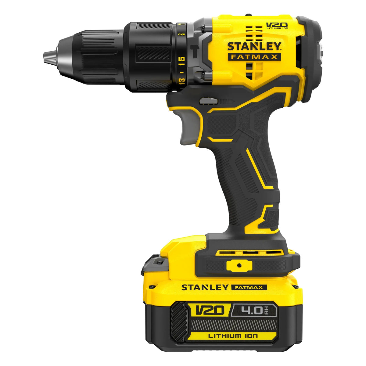 Brushless κρουστικό δραπανοκατσάβιδο STANLEY FATMAX V20 18 V SFMCD715 με μπαταρία 4,0 Ah, πλάγια όψη