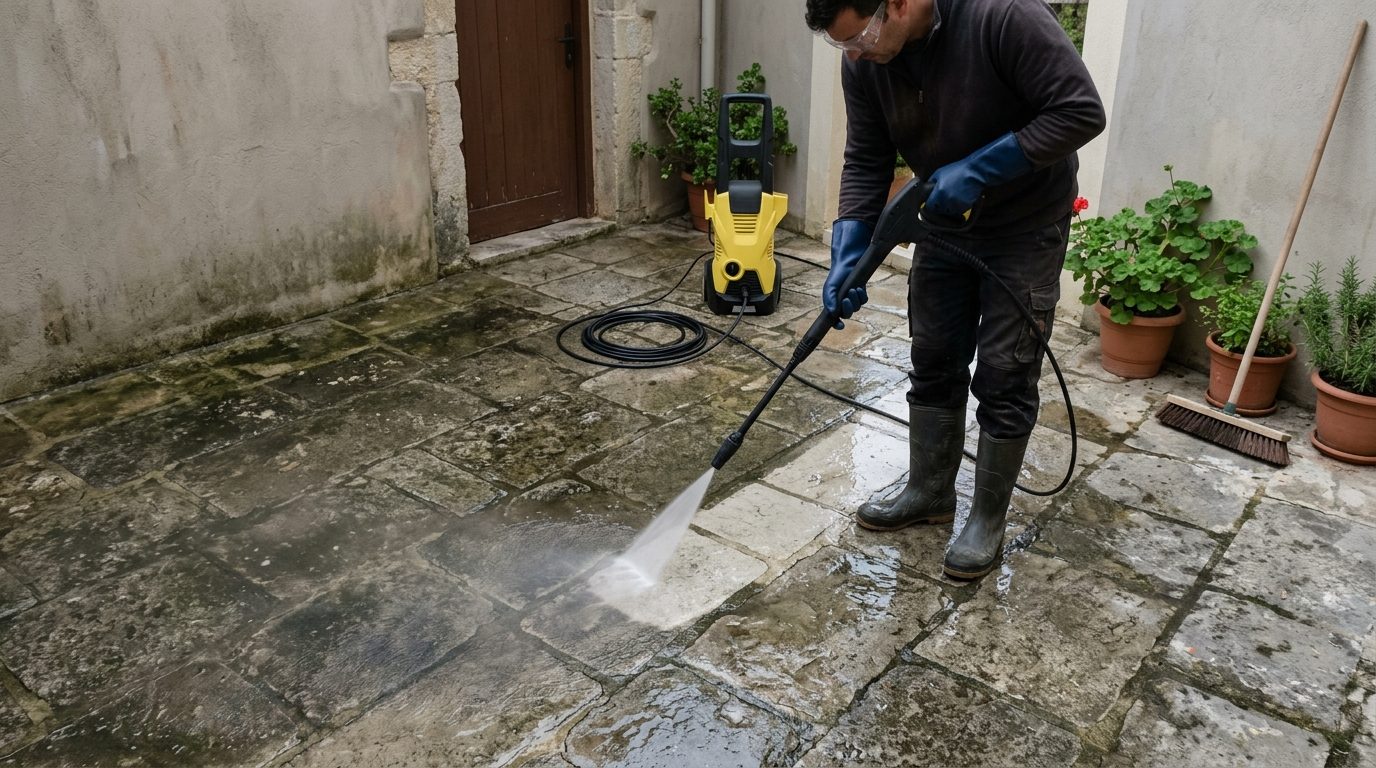 Καθαρισμός πλακόστρωτης αυλής με πλυστικό υψηλής πίεσης