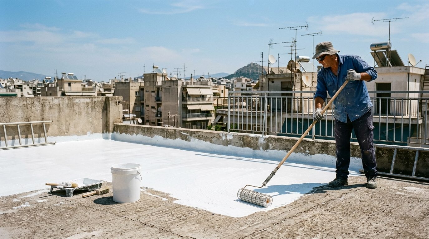 Επάλειψη λευκού στεγανωτικού με ρολό σε τσιμεντένια ταράτσα