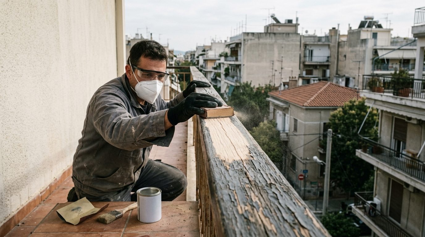 Τρίψιμο ξύλινου κάγκελου με γυαλόχαρτο, με γάντια, γυαλιά και μάσκα
