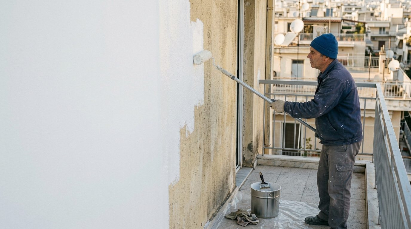 Βάψιμο εξωτερικής τοιχοποιίας πολυκατοικίας με ρολό σε κοντάρι