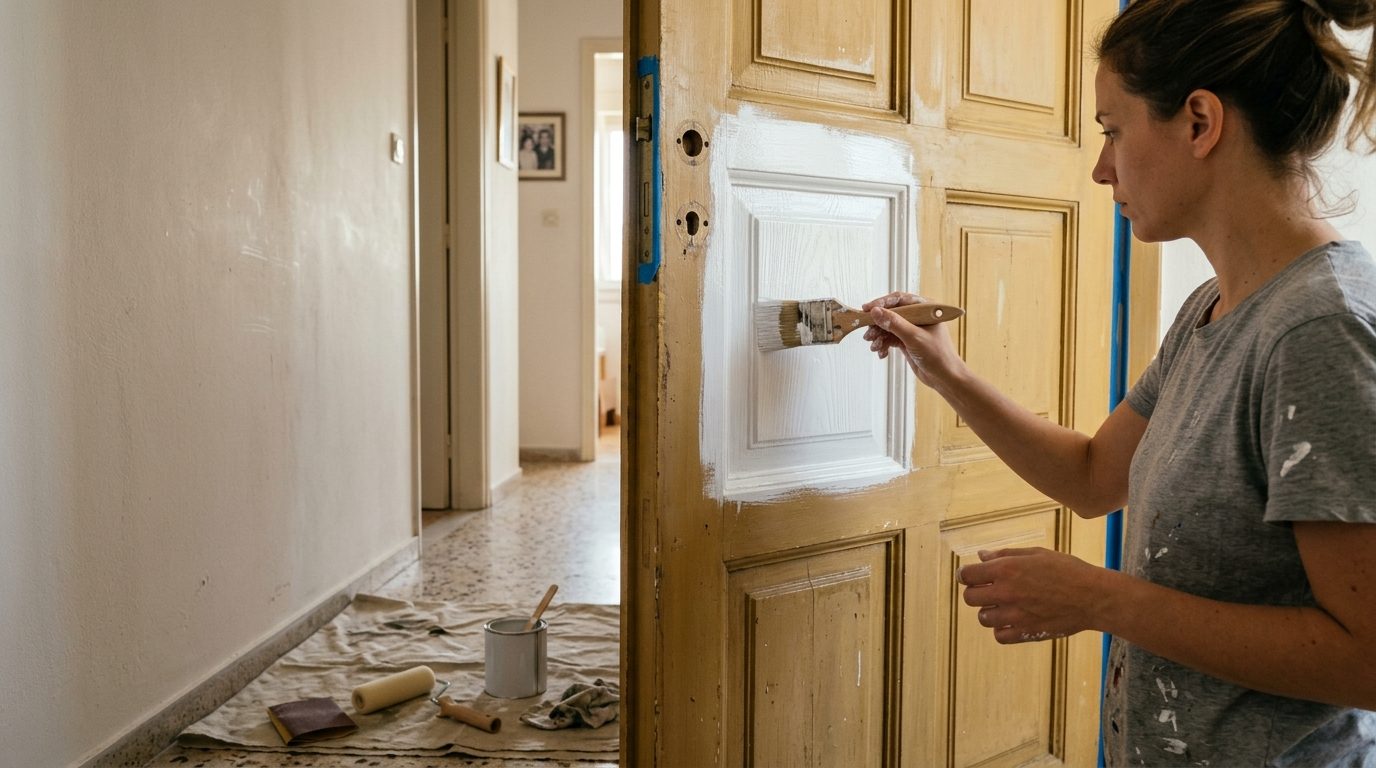 Βάψιμο ξύλινης πόρτας με πινέλο, ξεκινώντας από τα φατνώματα
